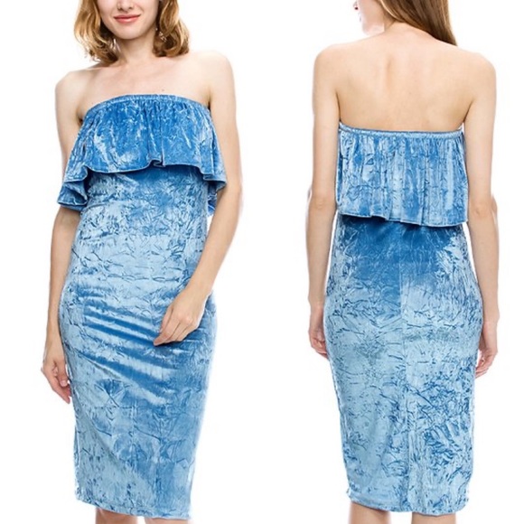 Mono B Blue Strapless Flounce Velvet Bodycon Dress - Picture 10 of 10